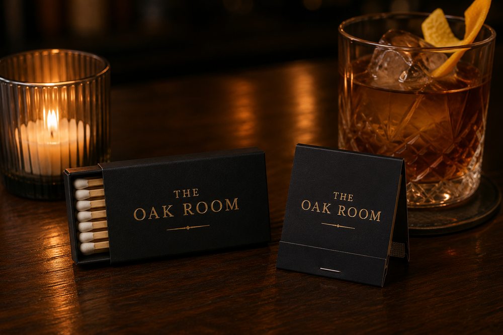 Matte black matchbook and matchbox on a candlelit bar counter
