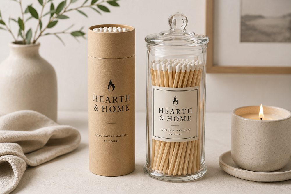 Long reed matches in a printed kraft tube and glass jar beside a candle